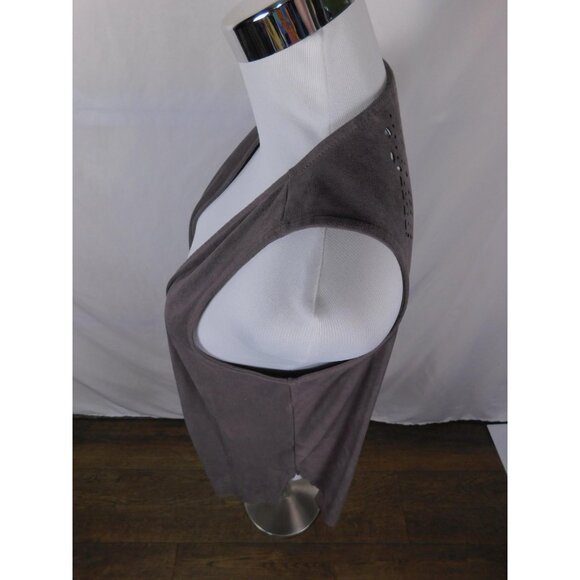 Cato Vest Womens Medium Taupe Open Front Sleeveless Laser Cut Back Faux Suede - Picture 4 of 12